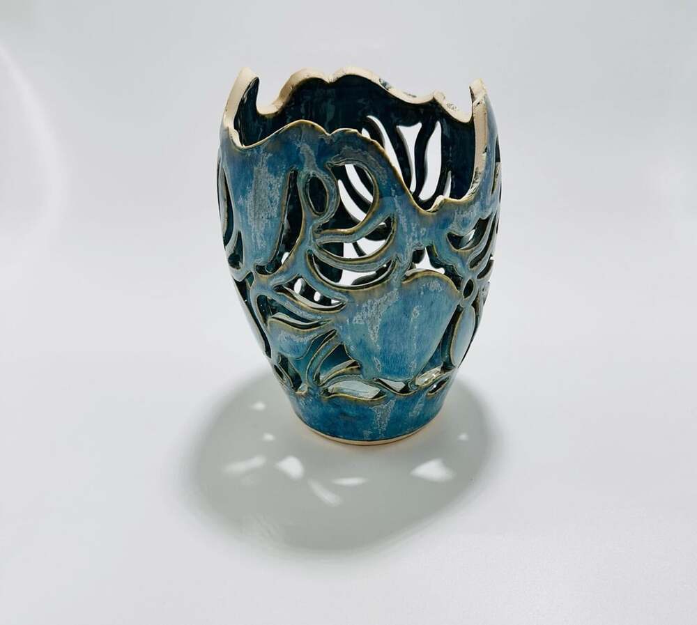 Blue Ceramic Handcrafted Cutout Decorative Vase